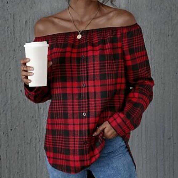 Coeur De Vague Tops - Coeur De Vague Black Red Plaid Off The Shoulder Shirt